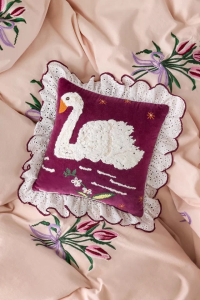 Swan Embroidered Ruffle Velvet Throw Pillow