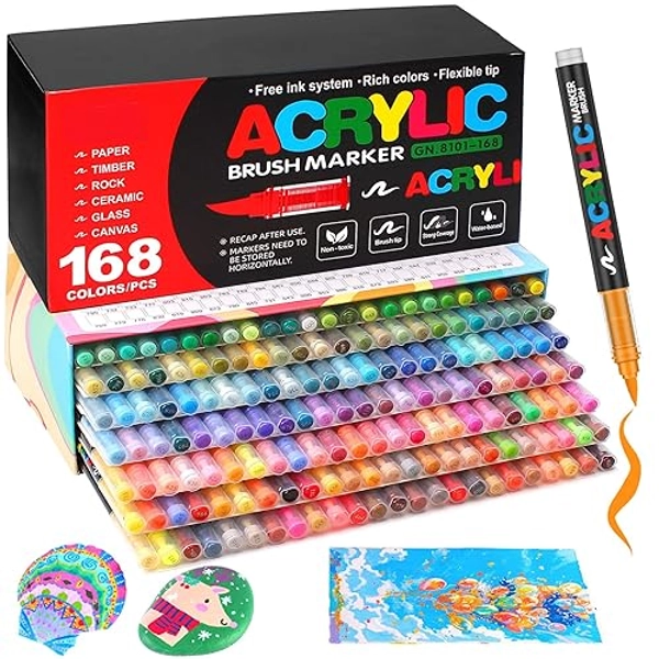 Efimeso 120 Colours Acrylic Paint Pens,Water-Based Brush Markers Paint Pens Acrylic Markers for Rock Painting, Canvas, Wood, Stone, Ceramic, Glass, Fabric