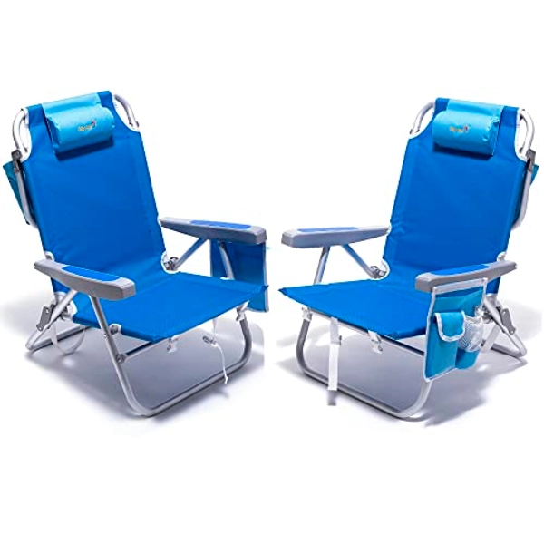 SUNNYFEEL Beach Chairs for Adults 2 Pack 5 Position Lay Flat, Portable Folding Backpack Beach Chair Heavy Duty with Cooler Bag, Cup Holder for Outdoor/Lawn/Picnic, Foldable Camping Chair