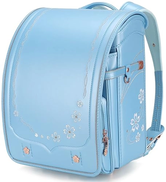 IwaiLoft Ransel Randoseru Backpack Automatic Satchel Japanese School Bag Cherry Blossom Sakura Embroidery PU Bookbag For Girls (Blue)