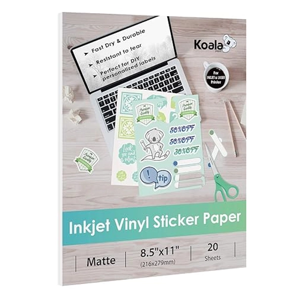 Koala Printable Vinyl Sticker Paper for Inkjet Printer - 20 Sheets Matte White Vinyl Sticker Paper, Waterproof Sticker Paper 8.5x11 Inch, Work with Cutting Machine