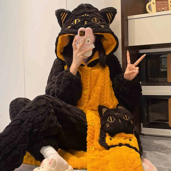 Kitty Letter Embroidery Plush Hooded Pajamas Set
