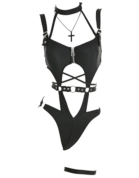 MEOWCOS Women's One Piece Swimsuits Gothic Swimsuit Chest Zipper Cutout Bathing One-Piece Swimwear