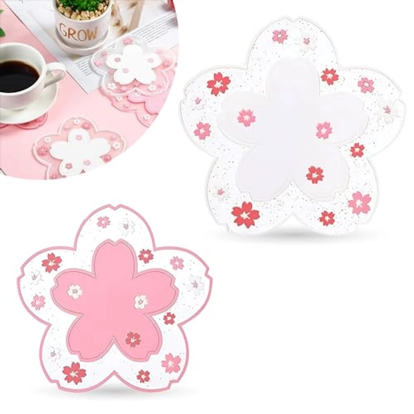 2Pcs Cherry Blossom Coasters for Coffee Table - Heat Resistant Cherry Blossom Decor Non Slip Mat Clear Coasters Table Cup Mat Coffee Mat Gift - Cute Coasters for Desk Set of 2 for Home, Office, Bar
