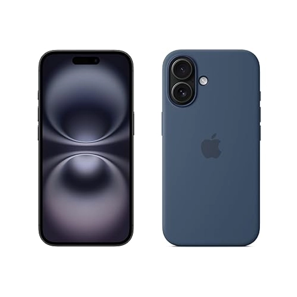 Apple iPhone 16 (256 Go) - Noir + Coque en Silicone avec MagSafe - Denim