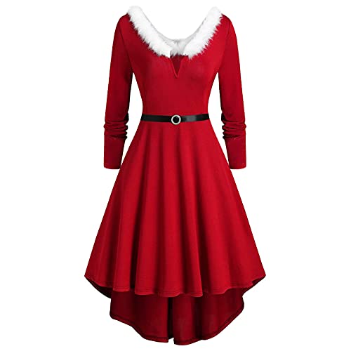Allence Robe Noël Femme Robe Noel Femme Chic et Elegante Robe Noël Femme Robe Femme de Cocktail Vintage Robe Manches Longue col carré Rétro Costume Père Noël Grande Taille - 3XL - 12#rouge