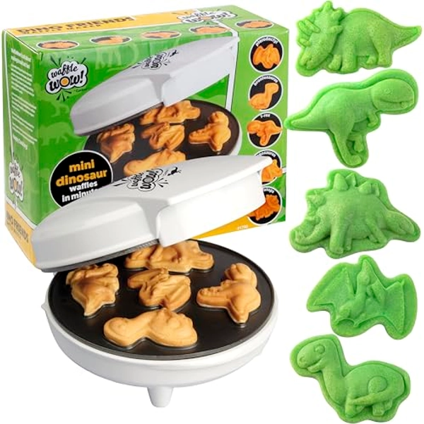 Dinosaur Mini Waffle Maker - 5 Different 3D Shaped Dinos in Minutes- Fun Breakfast for Kids, Adults w Cool Novelty Pancakes, Electric Non-Stick Waffler Iron w Recipe Guide, Fun Jurassic Gift for Him