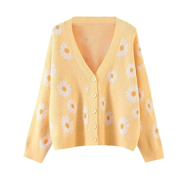 Women Y2K Floral Print Knit Cardigan Sweater Long Sleeve V Neck Button Down Sweater Vintage Aesthetic 90s Outerwear Tops