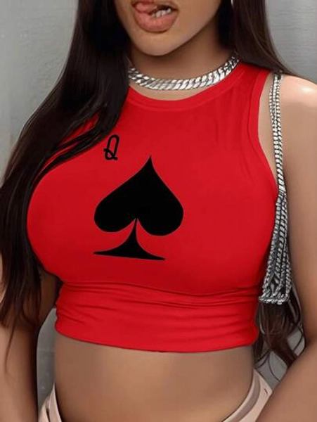 Slaydiva Regata Feminina Ajustada de Gola Redonda com Padrão de Rainha de Espadas Preta Simples e Casual Vermelha, Adequada para o Verão