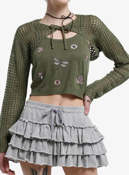 Thorn & Fable Green Cottagecore Girls Crop Shrug & Tank Top Set