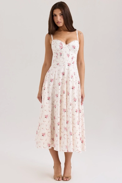 Steffani White Stretch Cotton Rose Print Midi Sundress