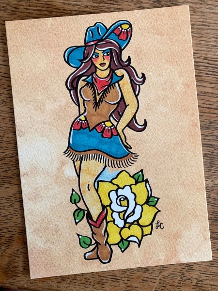 Cowgirl Pinup American Traditional Tattoo Art Print 5 x 7, 8 x 10, 11 x 14