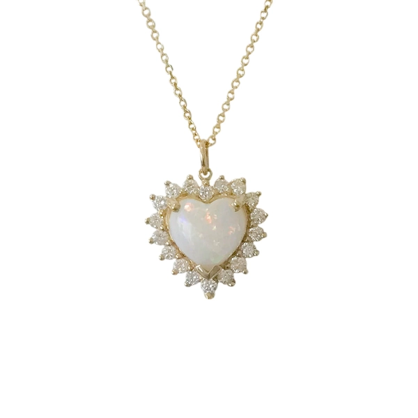 Opal Heart 14K Solid Gold Diamond Necklace