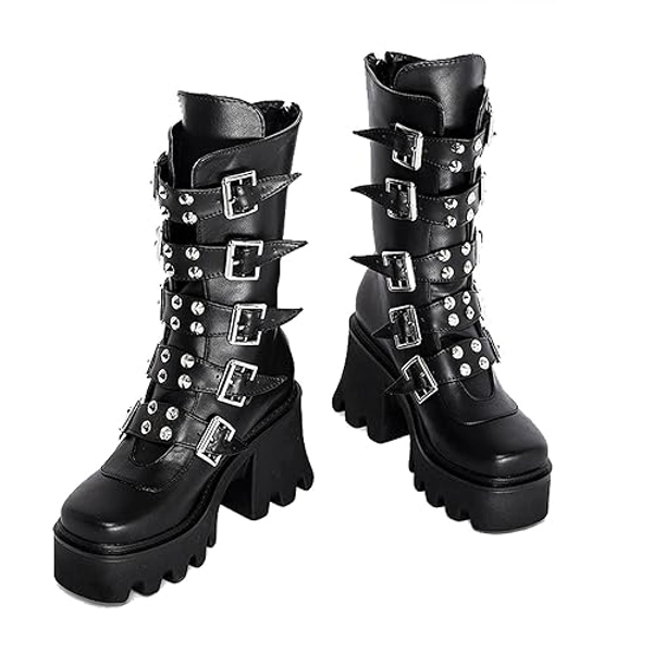 JIFAENY Ladies Winter Black Gothic Punk Platform Boots Women's Goth Buckle Zipper Creeper Wedges Mid-Calf Shoes