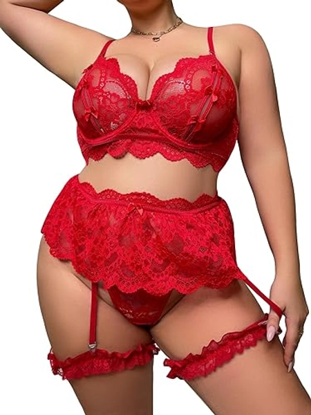 SOLY HUX Women's Plus Size Floral Lace Scallop Underwire Garter Push Up Bra and Panty Lingerie Set
