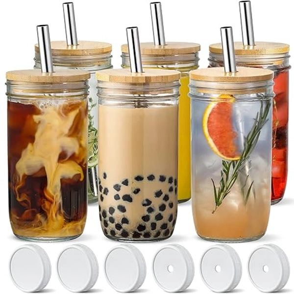 NETANY [ 6 Pack ] Glass Cups Set - 24oz Wide Mouth Mason Jar Drinking Glasses w Bamboo Lids & Straws & Airtight Lids - Cute Reusable Bottle, Iced Coffee Glasses, Travel Tumbler for Bubble Tea, Juice
