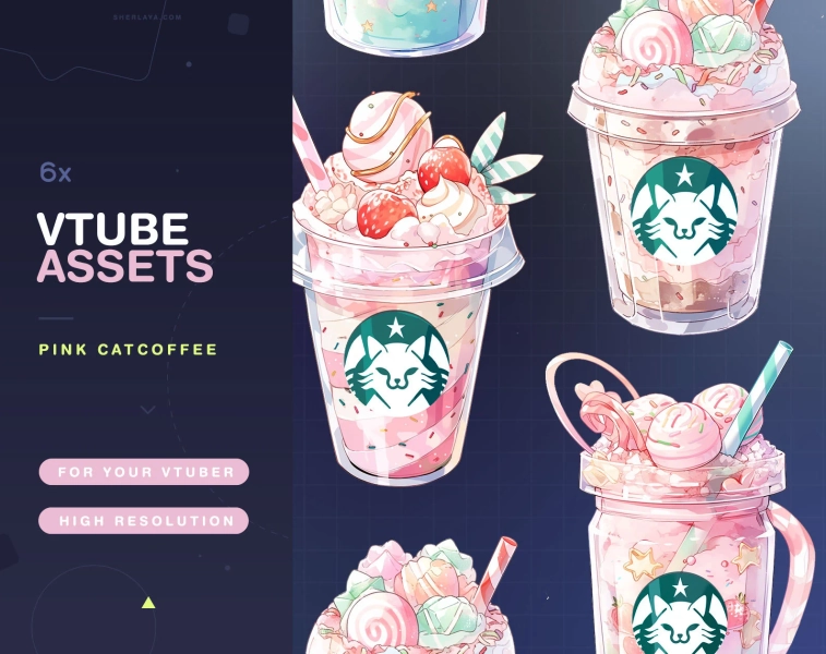 Vtuber Assets Pink Cat Coffee / Vtube / Vtubing / Twitch / Kawaii / Manga / Cute / Cup / Watercolor / Cafe