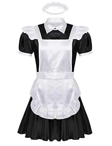 Daenrui Men's Satin Shiny Sissy French Maid Cosplay Dress Lingerie Uniform Outfit Pajamas Nightwear - Black - XX-Large