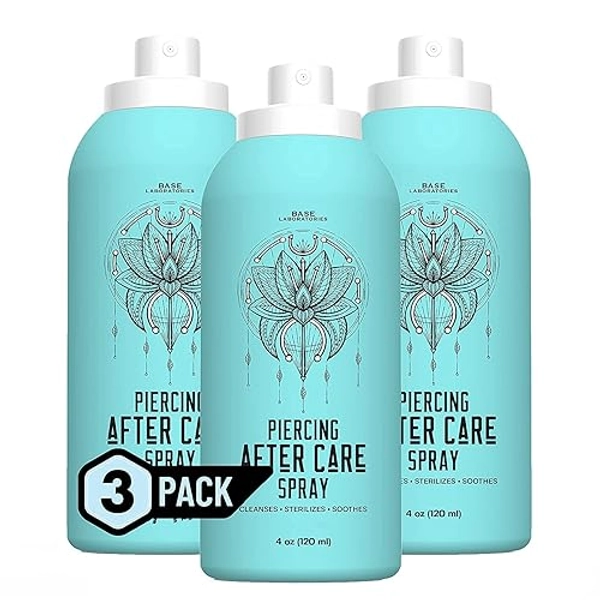 Base Labs Piercing Aftercare Spray | 4oz | Cleanses, Sterilizes & Soothes | Saline Solution for Piercings | Piercing Aftercare Healing Treatment for Ears, Nose, Body, Belly Piercings | Pack of 3