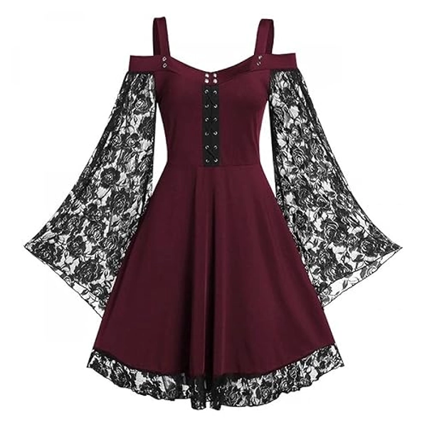 Gothic Vintage Lace Patchwork Women Dress Plus Size Goth Bandage Ladies Spaghetti Strap Dresses