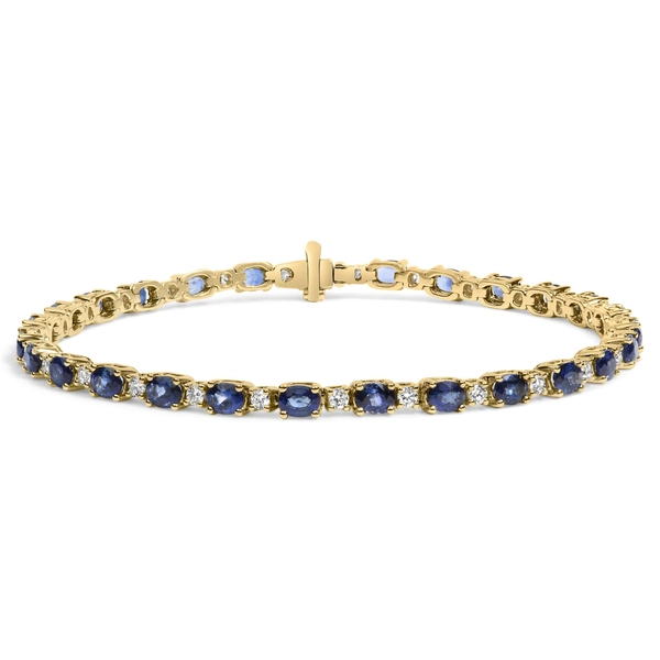 18K Yellow Gold 3/4 Cttw Diamond and 5 1/3 Cttw Oval Blue Sapphire Alternating Link Bracelet (G-H Color, VS1-VS2 Clarity) - 7.25 Inches