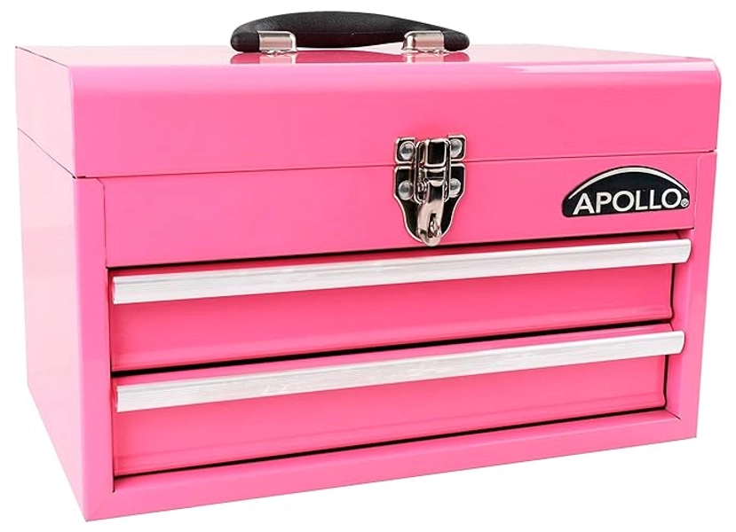 Apollo Tools 14 Inch Steel Tool Box with Deep Top Compartment and 2 Drawers in Heavy-Duty Steel With Ball Bearing Opening and Powder Coated Finish - Pink Ribbon - Pink - DT5010P - Pink - 14 inch
