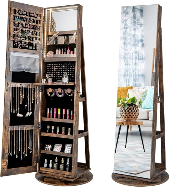 COSTWAY Szafka na biżuterię z lustrem, wolnostojąca szafka z lustrem z trójkolorowym