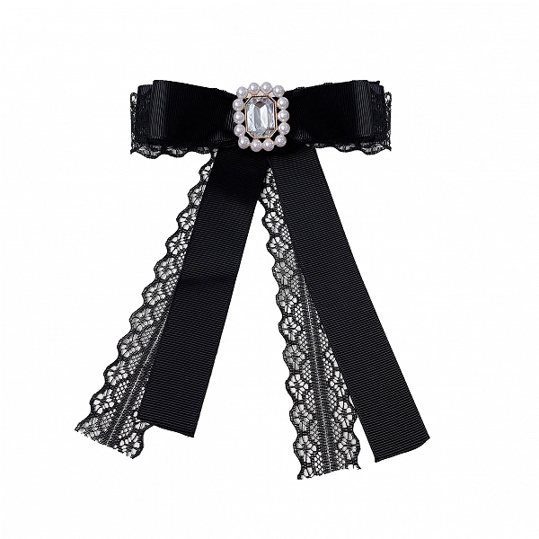[$10.99]Jirai Kei Black Bow Tie with Beaded Rhinestone