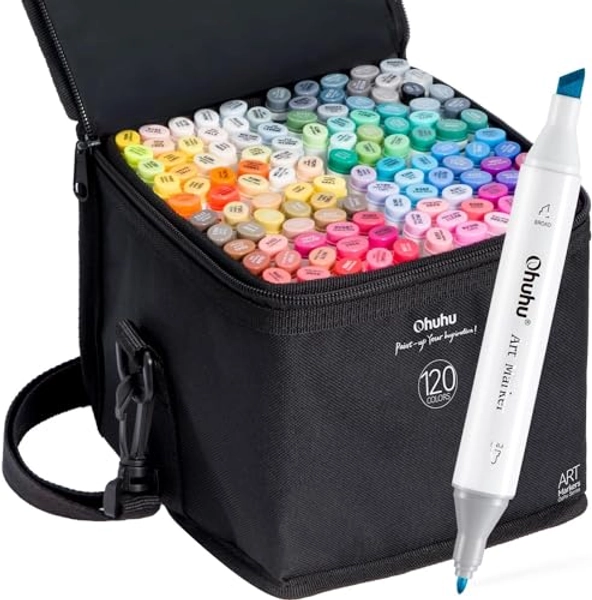 120 Colors Ohuhu Alcohol Markers, Double Tipped Art Marker for Adult Coloring, Alcohol-based Sketch Markers for Calligraphy, 1 Marker Blender Pen Gift Idea