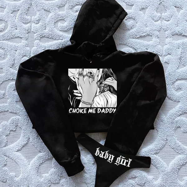 Choke Me Daddy Printed Women's Cropped Hoodie & Thong Sets  