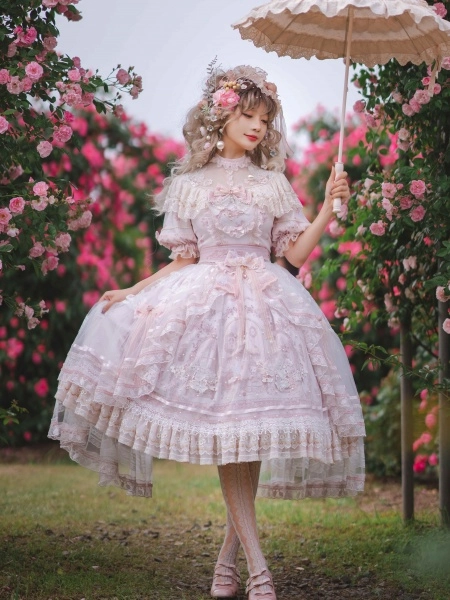 [$196.00]In Stock Sunset Scene Nature Waist Bowknot Details Embroidery Short Sleeves Hime One Piece Full Set