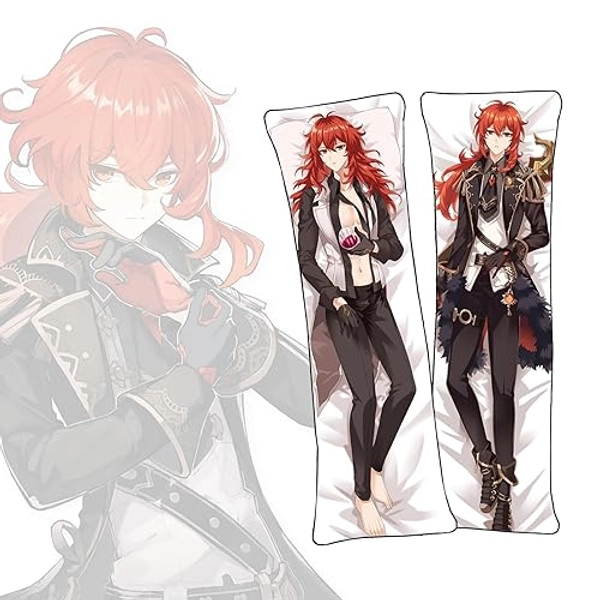 huiflyer Anime Body Pillow Diluc Ragnvindr Body Pillow Anime dakimakura Printed on Both Sides Pillow Cover Short Plush Material Long Pillowcase - Diluc Ragnvindr - 60x180cm-shortplush