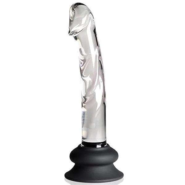 Pleasure Crystals 7" Glass Dildo with Silicone Base for Men, Women & Couples. Realistic Texture, Includes Removable Silicone Suction Cup, Ideal for Temperature Play. 2 Pieces, Clear.