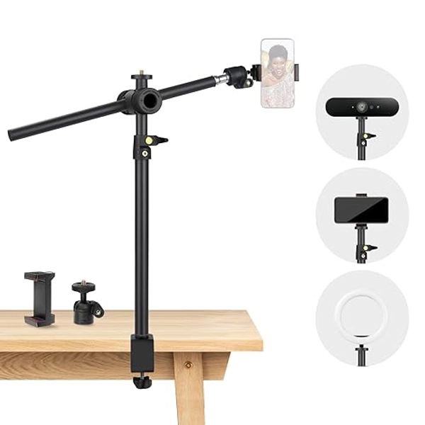 JEBUTU Overhead Camera Mount Desk Stand with 360°Adjustable Holding Arm, Camera Mount Boom Arm Stand, Webcam Desk Mount with Magic Arm Ballhead Phone Mount Holder for Microphone Video Light Cell Phone