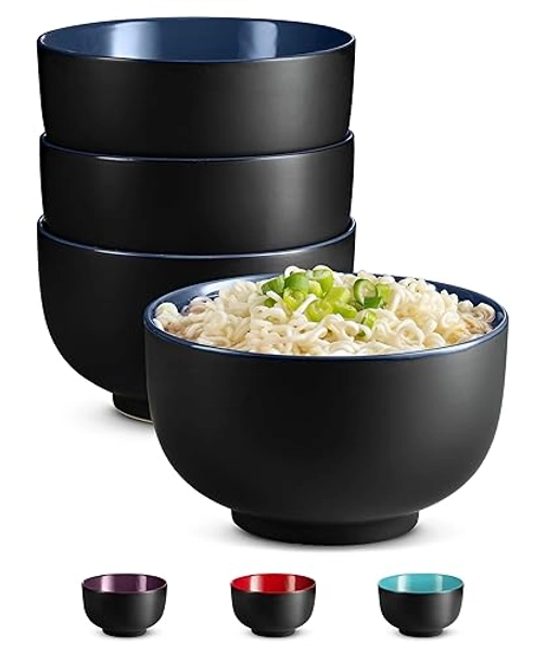 KooK Ramen Bowl, Japanese Bowls, Noodle Bowls, Large Soup Bowl, Ceramic, Large Capacity, For Ramen, Pho, Udon, Soba, Microwave and Dishwasher Safe, 34 oz, Set of 4 (Black/Navy)