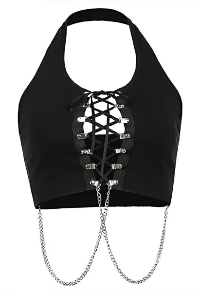 Top Noir Col Suspendu Style Gothique Gilet Sexy Taille Haute à Lacet