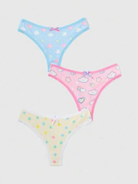 3pcs Cute Colorful Starry Sky & Cloud Print Narrow-Triangle Panties Set