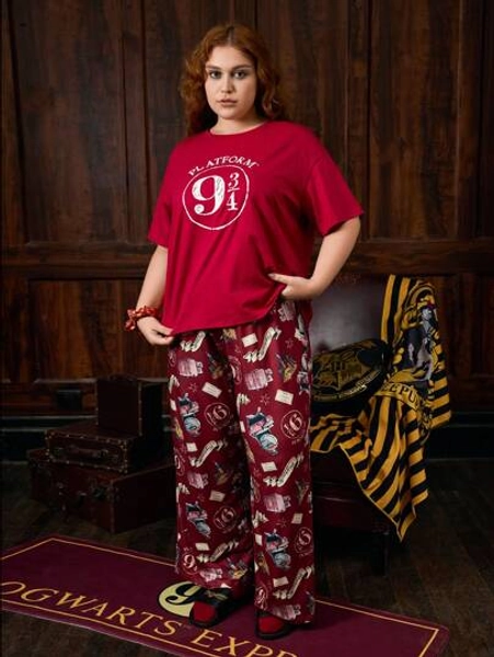 HARRY POTTER X SHEIN Plus Size Platform 9 3/4 Train Castle Gryffindor Red Summer Pajama Set