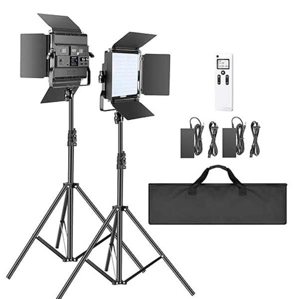 Neewer 2-Pack 2.4G LED Video Light with 2M Stand Bi-Color 200 SMD CRI 96+/U-Bracket/Barndoor/LCD Display Video Lighting Kit for Studio Photography, Remote/Case Included