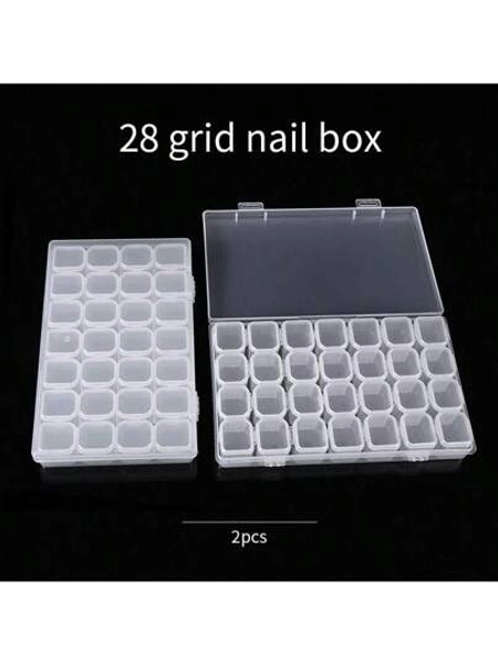 2Pcs Transparent Storage Box, 28 Grids Diy Diamond Painting Box, Jewelry Organizer, Plastic Storage Container For Fake Nail , Rhinestone Beads Storage Case And So On