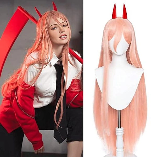 LABEAUTÉ Orange Cosplay -Power Wig + Horns for Women Girls Long Straight Ginger Anime Hair Wigs with Bangs + Cap