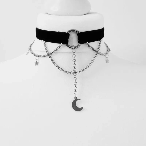 Goth Moon and Stars Crecent Chain Choker