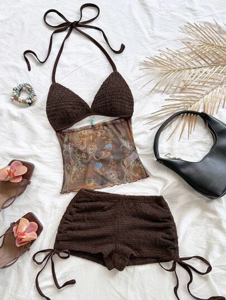 Soleia Women's Vintage Vacation V-Neck Halter Backless Tie-Up Fitted Contrast Color Top And Low Waist Ruched Drawstring Shorts 2 Pieces Set, Suitable For Party, Christmas, Date, Nightclub, Beach, Cruise, Afternoon Tea, Bohemian, Boho, Vacation, Fall