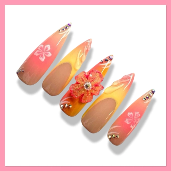 Hibiscus Flower Press On Nails | Sunset Tropical Flower Glue On Nails | 3D Flower Nails | Hawaiian Flower Nails | Summer Nails | Floral Nail
