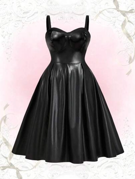 Sweetra Plus Size Sleeveless Adjustable Strapped A-Line Elastic Waist Dress, For Winter PU Leather Women Outfit