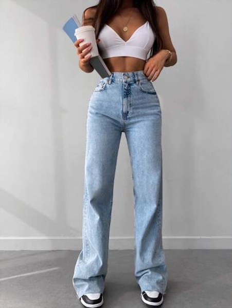 Cottnline Jeans mit hoher Taille, umgesäumtem Saum, breitem Beinschnitt