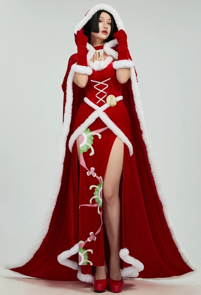 Snake Princess Christmas Style Velvet Dress Set Sexy High Slit Dress with Cape and Gloves