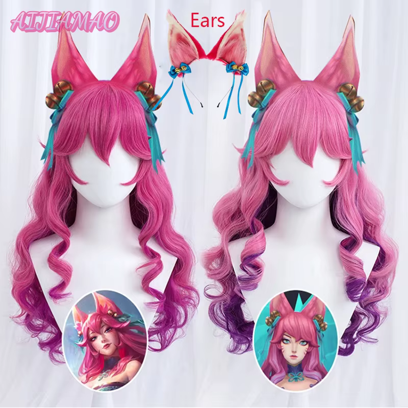 Spirit Blossom Ahri Cosplay LOL Cosplay Women 70cm Long Curly Wave Wig Cosplay Anime Heat Resistant Synthetic Wigs + Wig Cap - AliExpress 200000532