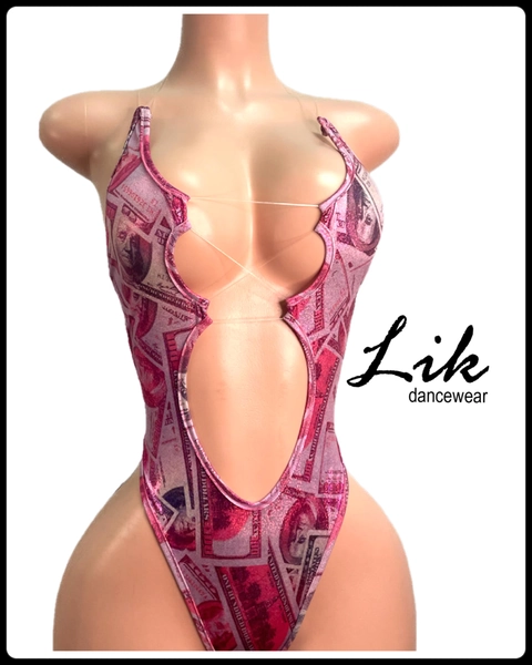 Exotic Dancewear, Stripper One Piece: Metallic Money Morrigan print clear string