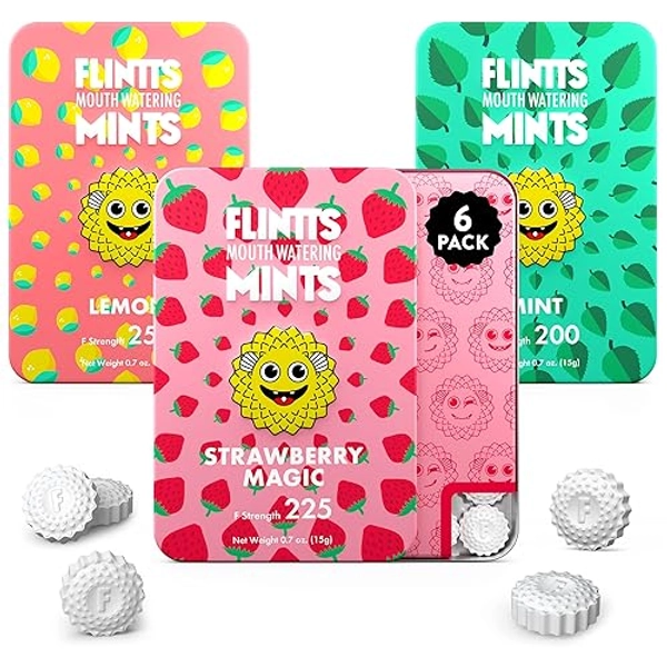 Flintts Mints 2x After Party Pack (2x Mint, 2x Strawberry Magic, 2x Lemon) - Sugar Free Mints - Breath Mints Pocket Size - Mouth Watering Mints for Oral Health - Dry Mouth Products